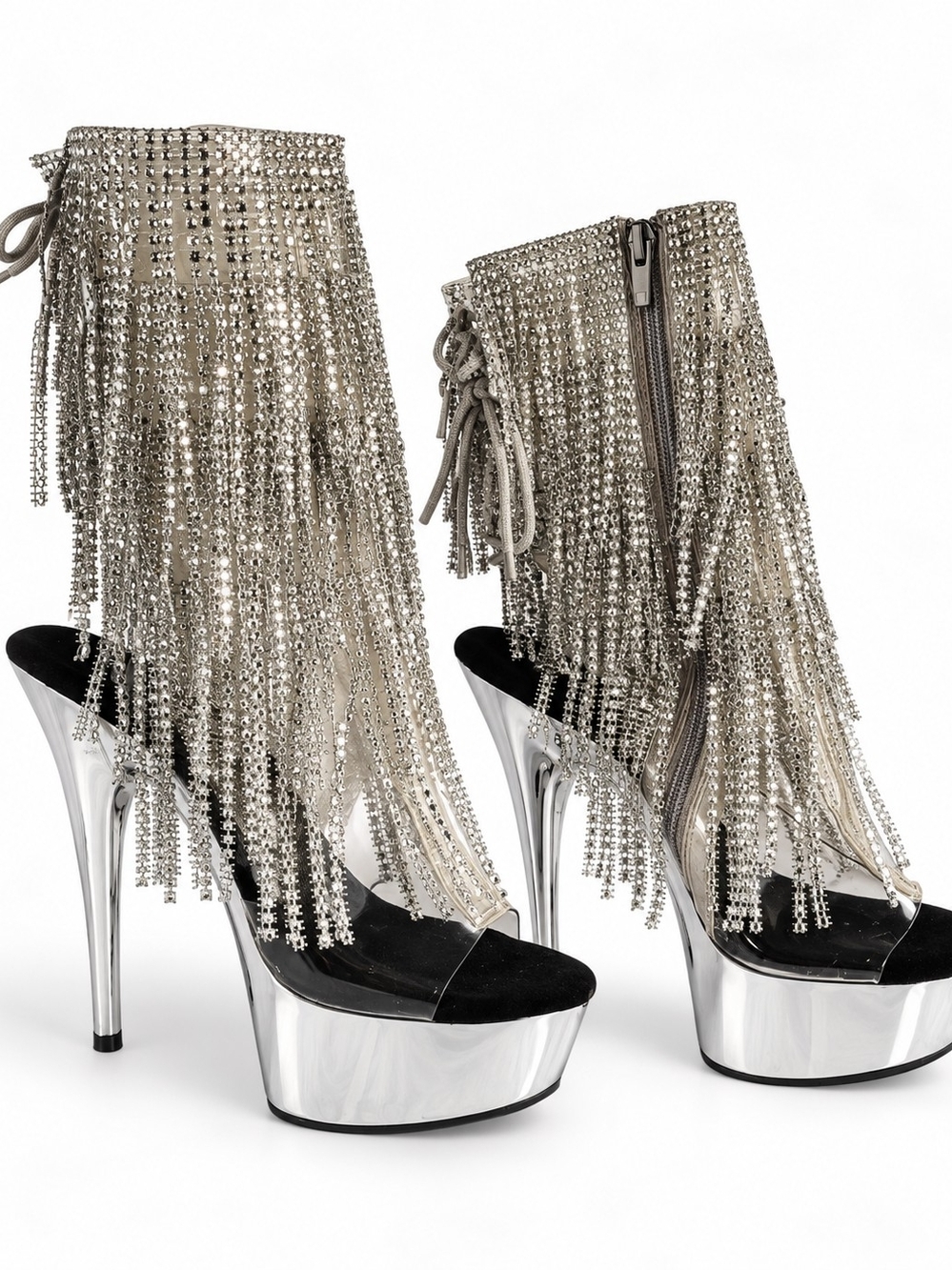 Pleaser Silver Fringe Platform Ankle Boots